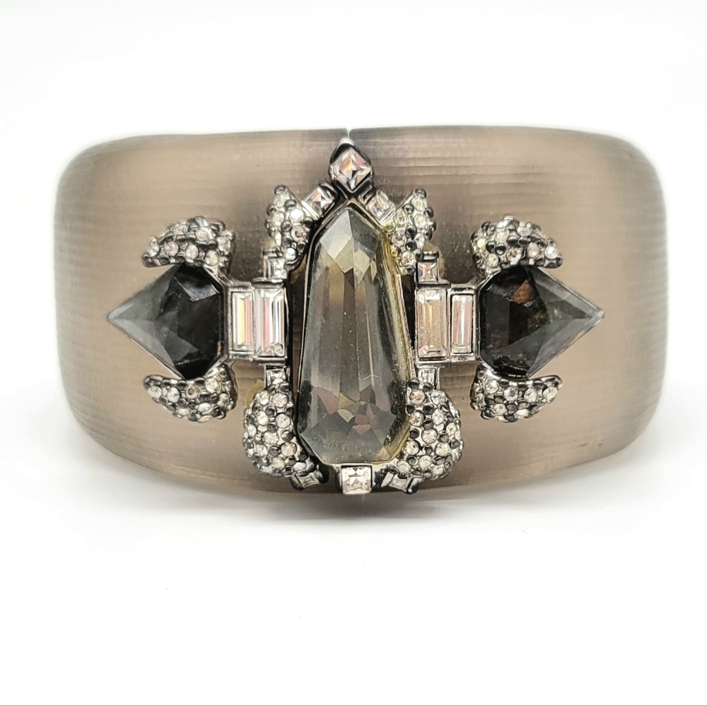 Alexis Bittar Gray Lucite and Diamond Swarovski Crystal Edgy Punk Hinged Bangle